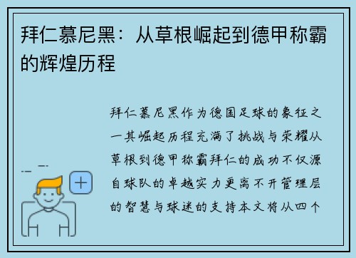 拜仁慕尼黑：从草根崛起到德甲称霸的辉煌历程