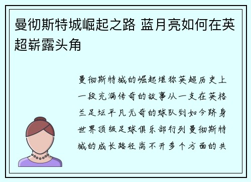 曼彻斯特城崛起之路 蓝月亮如何在英超崭露头角